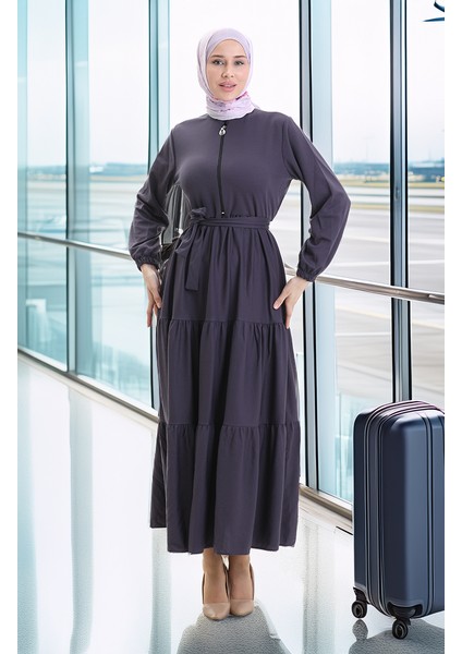 Yarım Fermuarlı Büzgülü Elbise 1202-03 Antrasit fiyatları