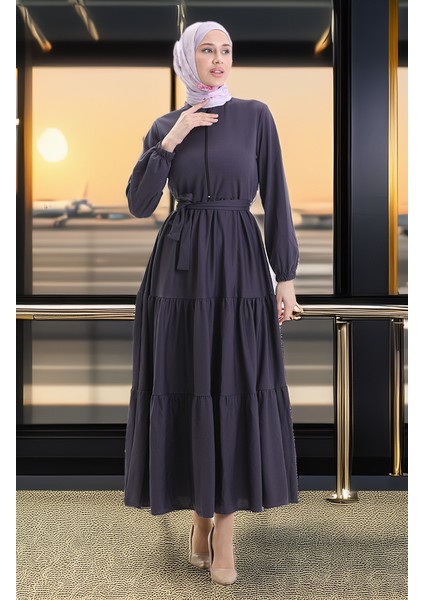 Yarım Fermuarlı Büzgülü Elbise 1202-03 Antrasit modelleri
