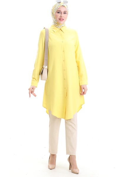 Düğmeli Viskon Tunik 6116-08 Sarı