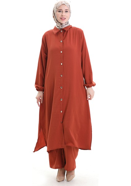 Düğmeli Uzun Tunik Pantolon Ikili Takım 0089-07 Kiremit