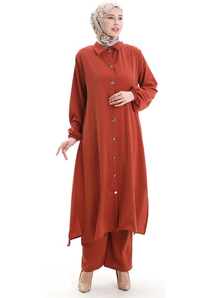Düğmeli Uzun Tunik Pantolon Ikili Takım 0089-07 Kiremit fiyatları