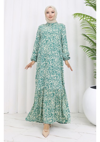 Viskon Kumaş Kolu Lastikli Desenli Elbise 2036-02 Çağla Yeşili