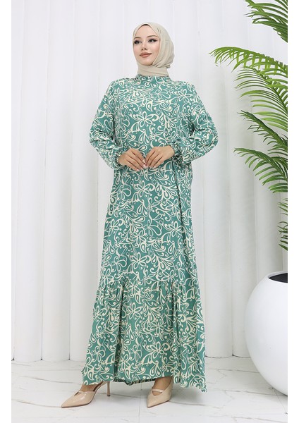 Viskon Kumaş Kolu Lastikli Desenli Elbise 2036-02 Çağla Yeşili fiyatları