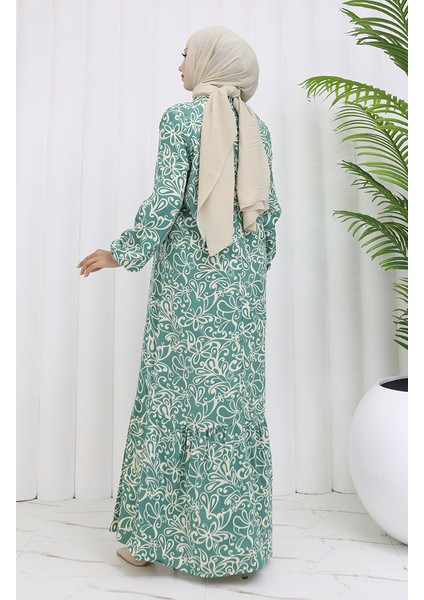 Viskon Kumaş Kolu Lastikli Desenli Elbise 2036-02 Çağla Yeşili indirimleri