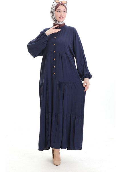 Hakim Yaka Yarım Düğmeli Elbise 0090-03 Koyu Lacivert