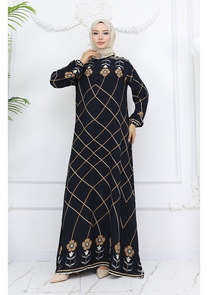 Viskon Kumaş Kol Ucu Lastikli Elbise 0030-03 Siyah Vizon