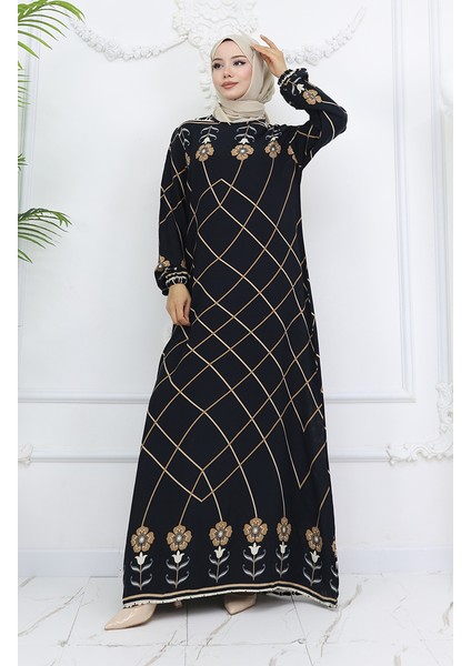 Viskon Kumaş Kol Ucu Lastikli Elbise 0030-03 Siyah Vizon fiyatları