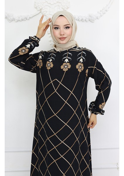 Viskon Kumaş Kol Ucu Lastikli Elbise 0030-03 Siyah Vizon modelleri