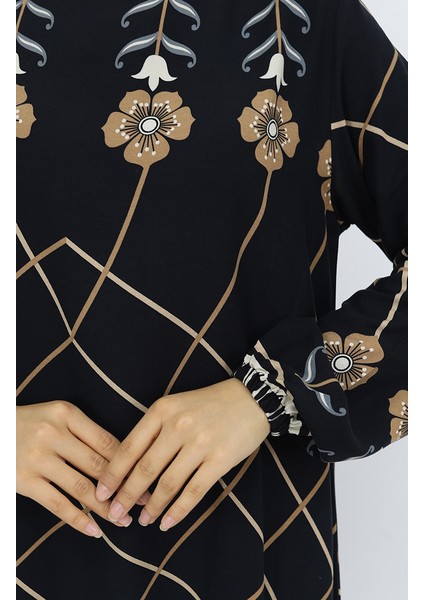 Viskon Kumaş Kol Ucu Lastikli Elbise 0030-03 Siyah Vizon fırsatları