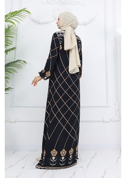 Viskon Kumaş Kol Ucu Lastikli Elbise 0030-03 Siyah Vizon indirimleri