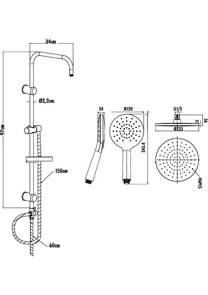SH640 Tepe Duş Sistemi Krom Oval