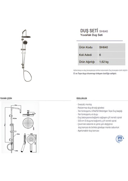 SH640 Tepe Duş Sistemi Krom Oval