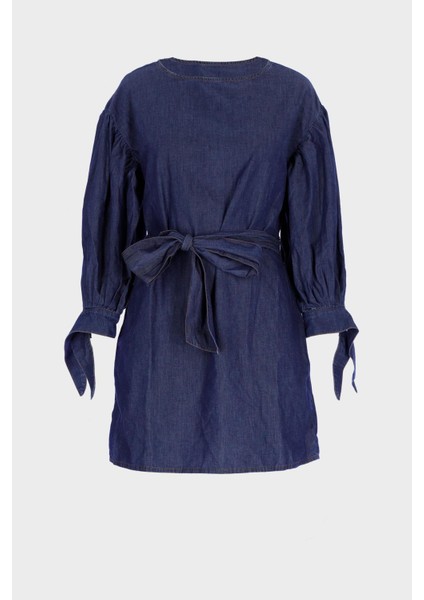 Koyu Mavi Kolu Büzgülü Ince Mini Jean Elbise C 4676-053