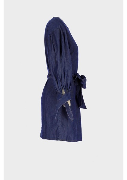 Koyu Mavi Kolu Büzgülü Ince Mini Jean Elbise C 4676-053 modelleri