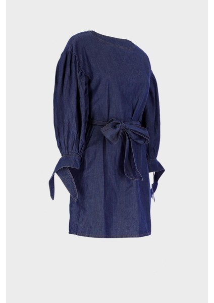 Koyu Mavi Kolu Büzgülü Ince Mini Jean Elbise C 4676-053 fırsatları