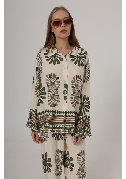 Desenli Kolları Volanlı Pantolon Takım - Haki fırsatları