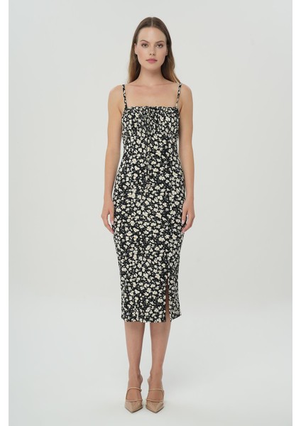 Siyah Ince Askılı Yırtmaçlı Dokuma Elbise fiyatları