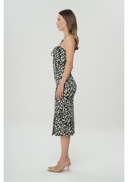 Siyah Ince Askılı Yırtmaçlı Dokuma Elbise modelleri