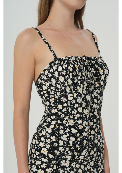 Siyah Ince Askılı Yırtmaçlı Dokuma Elbise indirimleri