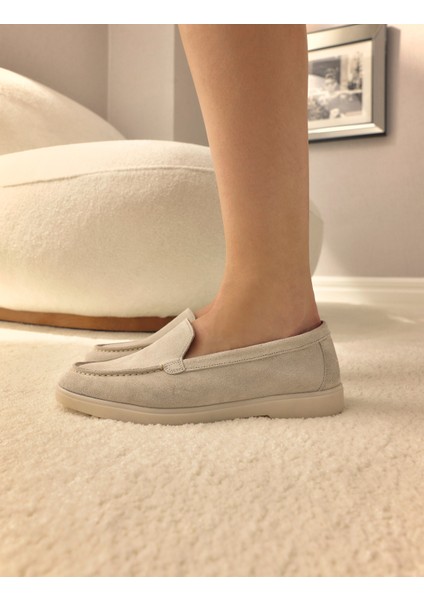 Deri Bej Süet Kadın Loafer