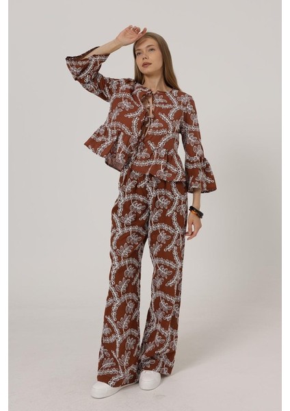 Işlemeli Oversize Pantolon - Kahve