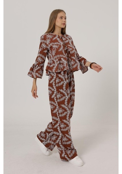 Işlemeli Oversize Pantolon - Kahve