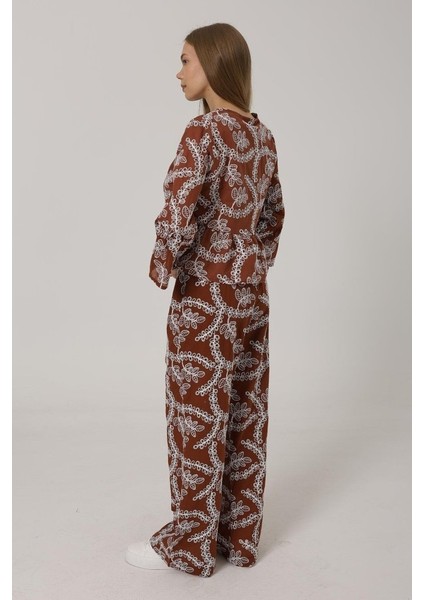 Işlemeli Oversize Pantolon - Kahve