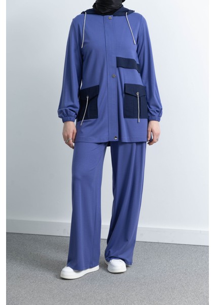 Cep Detaylı Ceketli Pantolonlu Takım- Mavi