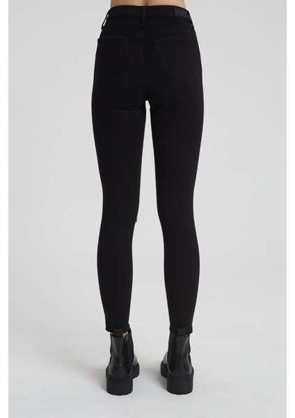 Judy Siyah Yüksek Bel Dizi Kesikli Skinny Fit Jean Pantolon C 4521-012 fırsatları