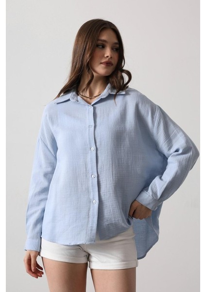 Müslin Uzun Kol Gömlek - Bebe Mavisi