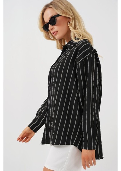 3900 Oversize Uzun Basic Gömlek - C. Siyah