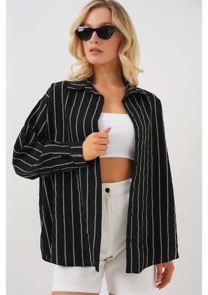 3900 Oversize Uzun Basic Gömlek - C. Siyah
