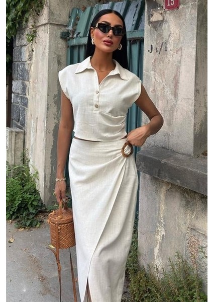 Bluzu Büzgülü ve Eteği Tokalı Keten Takım 10204 fiyatları