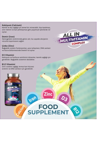 All In Multivitamin Complex | 60 Tablet (Kalsiyum, Demir, Çinko, D3, B12, C, B3, E, B5, A, B6, B1, B2, D-Biotin, Manganez, Bakır)