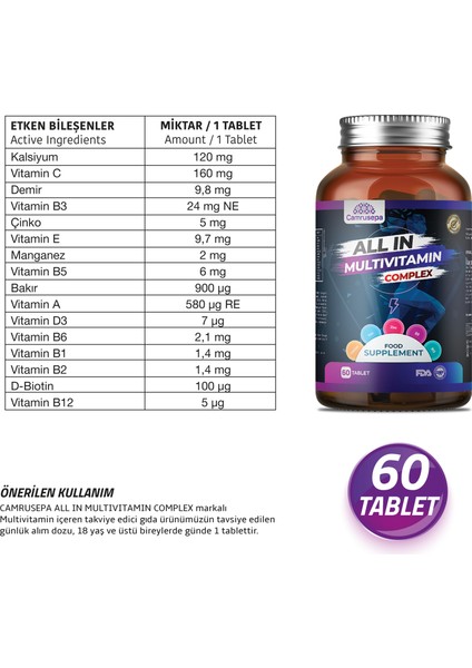All In Multivitamin Complex | 60 Tablet (Kalsiyum, Demir, Çinko, D3, B12, C, B3, E, B5, A, B6, B1, B2, D-Biotin, Manganez, Bakır)