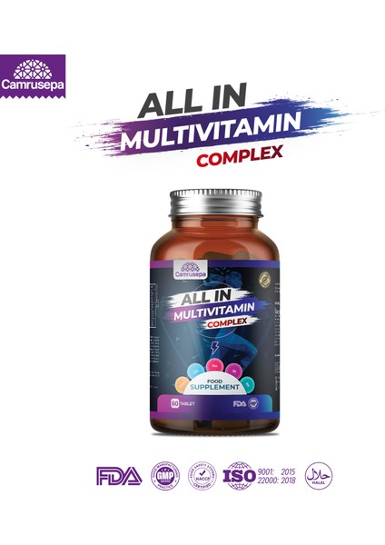 All In Multivitamin Complex | 60 Tablet (Kalsiyum, Demir, Çinko, D3, B12, C, B3, E, B5, A, B6, B1, B2, D-Biotin, Manganez, Bakır)