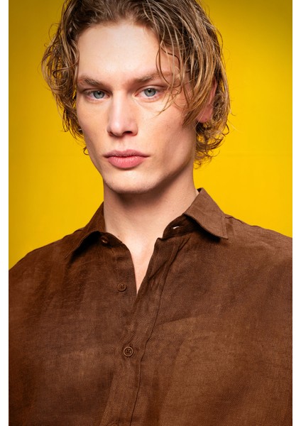 %100 Keten Kahverengi Gömlek fırsatları