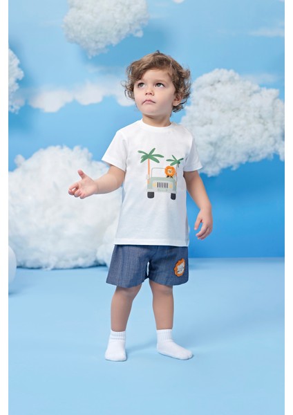 Baskılı ve Aslan Figürlü Erkek Çocuk Bebek Tshırt Beyaz