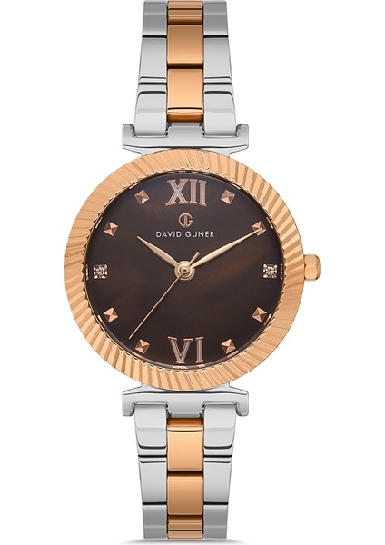 Davıd Guner Rose Beyaz Kaplamalı Kahverengi Kadranlı Kadın Kol Saati DG-8412LA-E6
