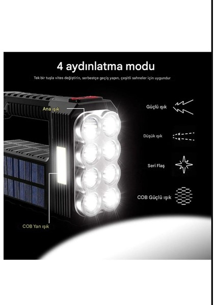 Ultra Güçlü 8 Gözlü Solar Güneş Panelli Şarjlı Kamp Lambası Uzun Menzilli Kamp Feneri