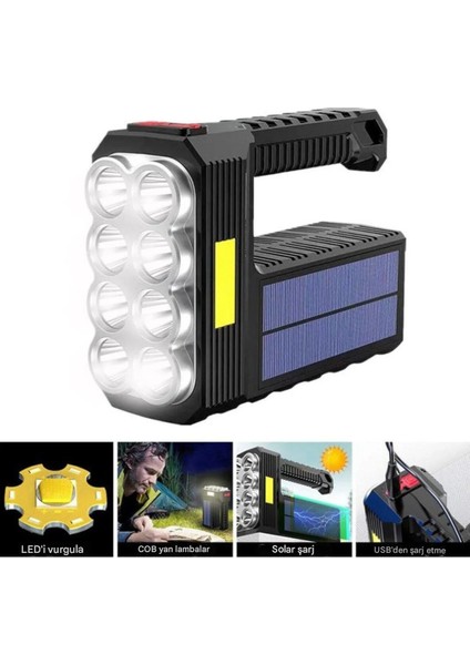 Ultra Güçlü 8 Gözlü Solar Güneş Panelli Şarjlı Kamp Lambası Uzun Menzilli Kamp Feneri