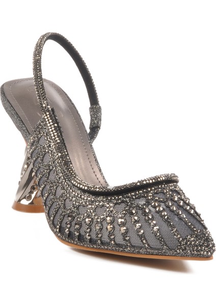 Gri Taşlı Topuklu Kadın Abiye Ayakkabı 25Y125-2 Z