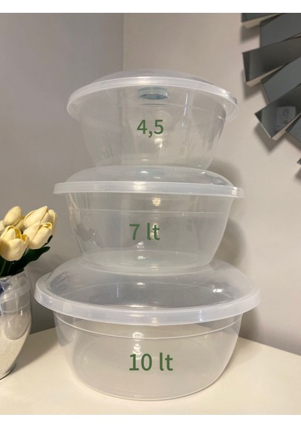 3 Lü Şeffaf Badya Leğen Set , Üç Boy Plastik Çok Amaçlı Kapaklı Hamur Yoğurma Seti