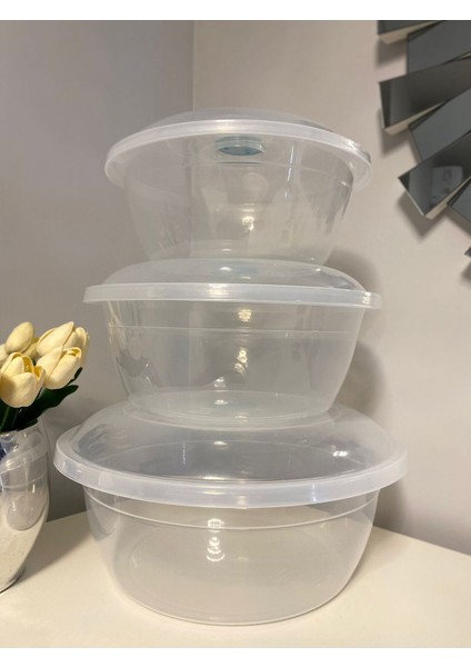 3 Lü Şeffaf Badya Leğen Set , Üç Boy Plastik Çok Amaçlı Kapaklı Hamur Yoğurma Seti modelleri