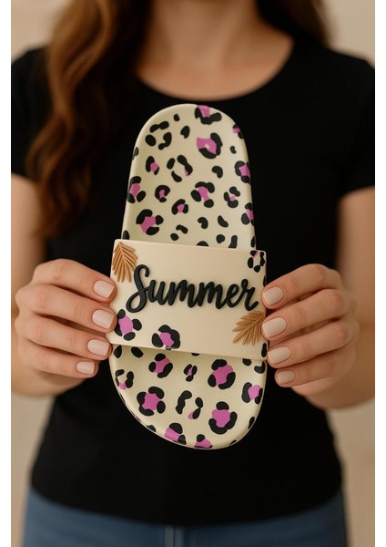 Bej Summer Desenli Kaymaz Terlik modelleri