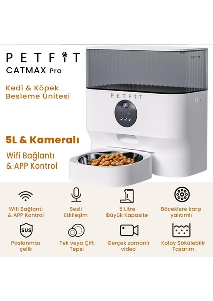 Catmax Pro 5l Wi-Fi Kameralı Akıllı Otomatik Kedi Köpek Mama Kabı Besleme Ünitesi (Sesli Komut+Çelik Kase+App Kontrol) fiyatları
