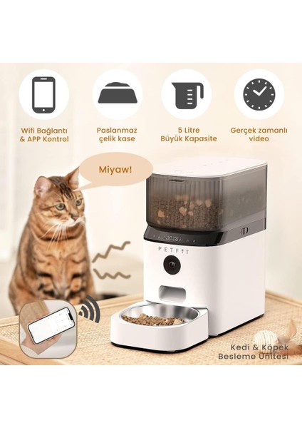 Autodine x 5l Wi-Fi Kameralı Akıllı Otomatik Kedi Köpek Mama Kabı Besleme Ünitesi (Sesli Komut+Çelik Kase+App Kontrol)