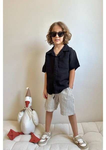 Müslin Cepli Gömlekli Çizgili Şortlu Erkek çocuk takım - Siyah