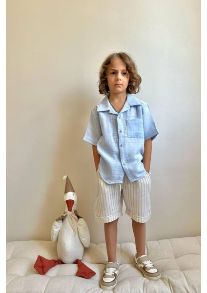 Müslin Cepli Gömlekli Çizgili Şortlu Erkek çocuk takım - Mavi