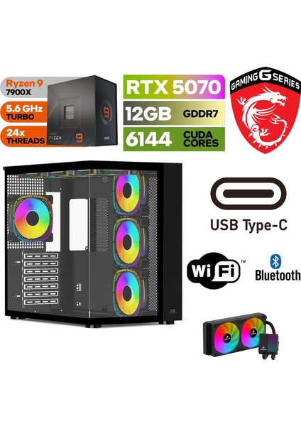 Gaming Pc Ddr5 - Rtx 5070 12 GB – Ryzen 9 7900X – 32GB – 64GB - Ddr5 Ram – 1tb M.2 SSD -Sıvı Sogutmalı – Windows 11 Pro
